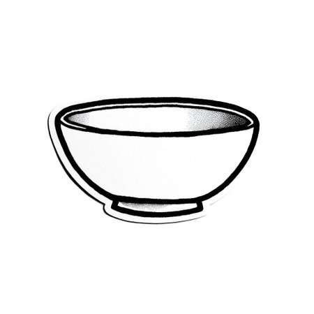 This image features a simplified illustration of a bowl against a stark white backdrop. The bowl is depicted with bold black outlines and shading, giving it a clean, two-dimensional appearance. The composition emphasizes simplicity and could be used for food-related projects, design elements, or educational materials. It offers a versatile visual suitable for various applications.の素材