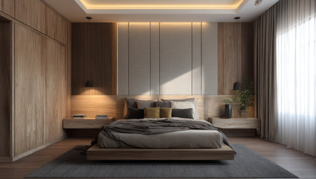 An interior shot showcases a modern bedroom with a large bed as the central element. The scene is illuminated by natural light, enhancing the soft tones of wood and neutral colors. The composition is clean and minimalist, perfect for commercial applications in design, decor, and architectural concepts. The lighting creates a warm and inviting atmosphere.の素材