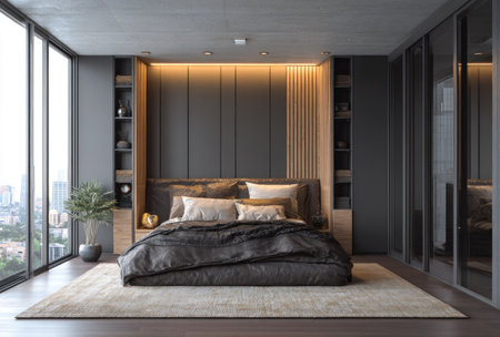 This interior showcases a contemporary bedroom featuring a bed, large windows, and built-in shelving. The space incorporates neutral color schemes and wood accents, highlighting a balance of textures and elements. This image is suitable for commercial uses, including interior design and lifestyle publications.の素材