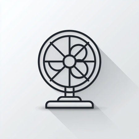 An illustrated fan features a minimalist design with bold lines and a long shadow. The monochromatic palette adds a sleek feel to the image. This artwork is suitable for use in designs related to climate control, energy saving, or other conceptual topics. Ideal for various commercial and editorial applications.の素材