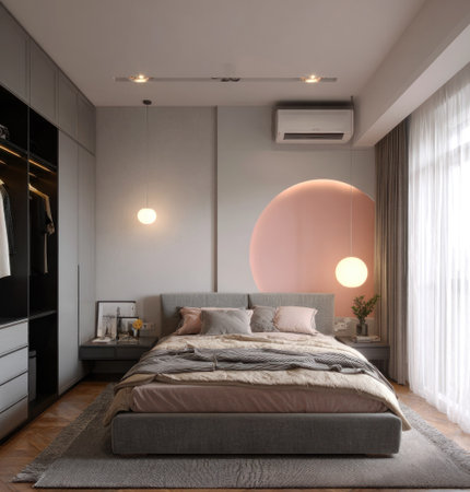 This image showcases a modern bedroom design, featuring a bed as the focal point. The scene incorporates neutral colors, soft textures, and ambient lighting, creating a calm atmosphere. The composition includes a wardrobe, bedside tables, and a window. It could be used for architectural or lifestyle publications.の素材