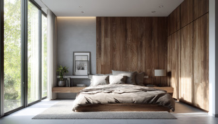 This image showcases a modern bedroom with a large bed, wooden paneling, and a floor-to-ceiling window. The scene is illuminated by natural light, enhancing the warm tones of the wood and the neutral colors of the bedding. It suggests a serene, contemporary living space suitable for various commercial uses.の素材