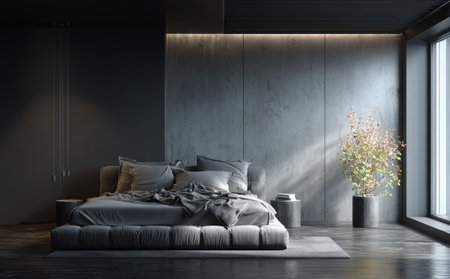 This image showcases a modern bedroom interior featuring a large bed with pillows and bedding. The scene is dominated by cool gray tones, with strong lighting casting shadows. A decorative plant adds a natural element. Suitable for commercial or editorial applications related to interior design or lifestyle content.の素材