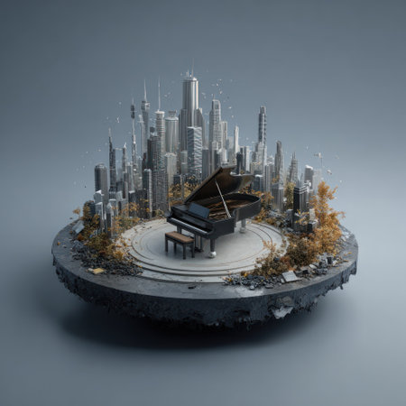 A miniature cityscape houses a grand piano, creating a surreal digital art scene. The composition features tall buildings, autumnal foliage, and a circular platform against a neutral background. The lighting is soft, highlighting the textures of the buildings and the piano. This could be useful for creative design projects or editorial concepts.の素材