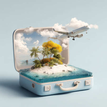 A conceptual image showcases an open suitcase revealing a tropical island scene with clear water, sand, and palm trees. An airplane flies above fluffy clouds. The image is rendered with digital art techniques, featuring bright colors and soft lighting, evoking a sense of travel and adventure. Suitable for travel or tourism promotions.の素材