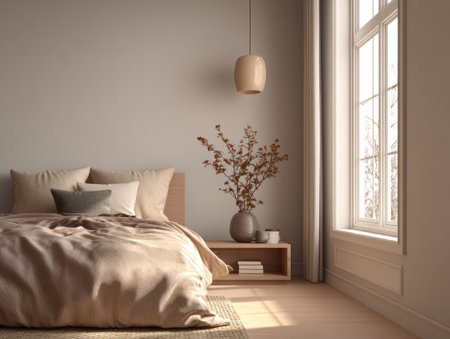 A tranquil bedroom scene featuring a bed with soft bedding, a bedside table, and a decorative vase. The room is bathed in warm, neutral colors with a focus on natural light. Suitable for interior design projects, lifestyle editorials, and marketing materials, this image conveys a sense of calm.の素材