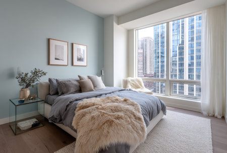 A spacious bedroom features a large bed with a fluffy throw and a soft rug, creating a cozy atmosphere. The room's palette includes neutral tones complemented by natural light from a big window. It is suitable for architectural, lifestyle, and home design projects.の素材