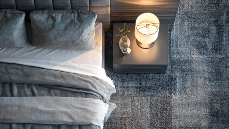 An overhead view reveals a well-appointed bedroom interior featuring a bed with soft bedding. Adjacent to the bed, a bedside table holds a lamp and decorative items. The composition showcases a neutral color palette with varying textures. Ideal for use in design, lifestyle, and home decor content.の素材