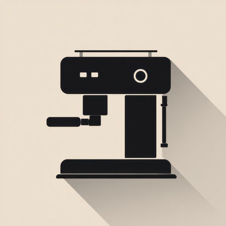 A flat illustration depicts a black coffee machine with a long shadow against a neutral backdrop. The design employs simple shapes and solid colors. This graphic may be suitable for advertising, website design, or other commercial purposes. The image suggests a clean and modern aesthetic.の素材