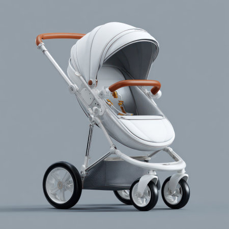 A contemporary baby stroller is presented, showcasing a sleek design with white and brown accents. The image displays the stroller from a side angle against a muted gray backdrop. The lighting highlights the materials and form. This image could be utilized for various commercial purposes, including advertising and editorial content.の素材