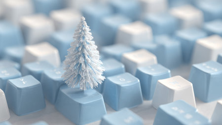 A small evergreen tree sits atop a collection of blue and white keyboard keys. The soft lighting creates a blurred background, emphasizing the tree and its surroundings. The composition may be suitable for holiday-themed advertising, web design, or editorial projects related to technology or the festive season.の素材