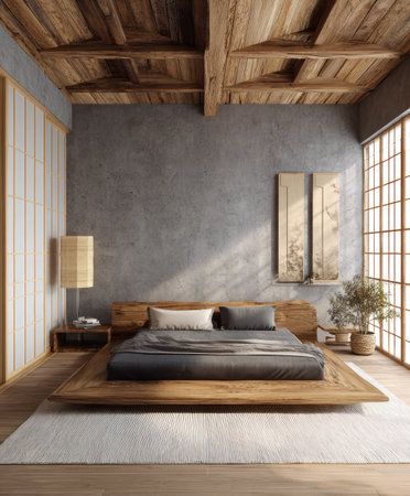 This image showcases a modern bedroom featuring a low wooden bed frame, complemented by a textured gray wall. The room is enhanced by natural light streaming through large windows. It is designed to convey a sense of calm and could be suitable for interior design projects or lifestyle publications.の素材