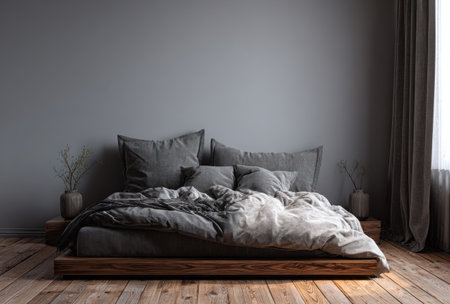 A minimalist bedroom interior features a bed with grey bedding set against a plain grey wall. The scene is illuminated by natural light filtering through a window, and the design showcases a modern aesthetic. Suitable for projects related to home decor and interior design, it offers a clean aesthetic.の素材