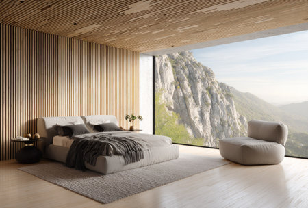 This image showcases a modern bedroom with minimalist furniture and a large window overlooking a mountain landscape. The room features wooden paneling, a neutral color palette, and soft textures. The composition utilizes natural lighting to enhance the serene atmosphere. Suitable for use in architecture, interior design, and lifestyle publications.の素材