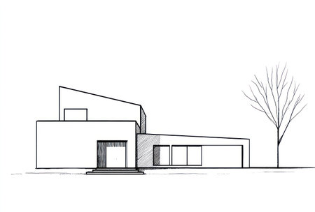 This black and white architectural sketch depicts a modern house with geometric shapes and lines. The drawing features a minimalist design with a tree nearby, suggesting an outdoor environment. The artwork, with its clean aesthetic, would be suitable for various design, construction, and lifestyle-related publications.の素材