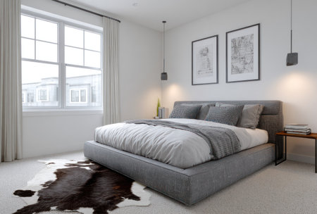 A contemporary bedroom showcases a large bed and soft bedding. The scene features a rug and wall art, with natural light streaming through a large window. The space is well-lit, suggesting potential use for real estate or lifestyle imagery. This style is suitable for home decor projects.の素材