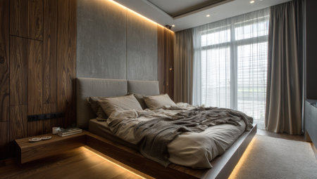 This photograph depicts a contemporary bedroom. The room features a bed with soft bedding, wooden wall panels, and large windows. The scene is bathed in neutral colors, with warm lighting highlighting the textures. Suitable for commercial applications such as interior design projects or lifestyle publications.の素材