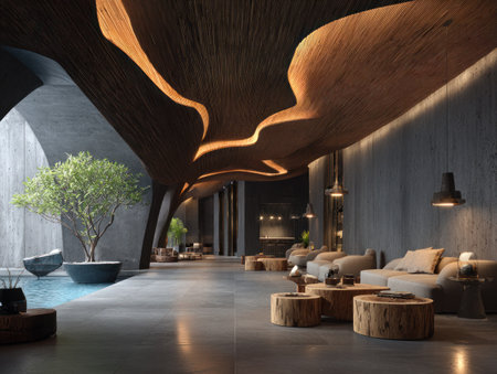 This image showcases a modern interior space with distinctive architectural elements. The scene features fluid, organic shapes on the ceiling, warm lighting, and a neutral color palette. The composition includes seating areas, a small tree, and a pool. Suitable for use in design concepts or architectural projects.の素材