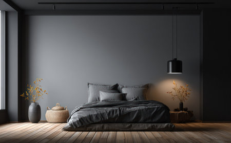 A modern bedroom interior is showcased, featuring a bed with grey bedding set against a dark wall. The scene is illuminated by overhead and hanging lights, casting shadows. The room includes decorative vases and wooden flooring. It is suitable for various commercial uses, including interior design and lifestyle themes.の素材