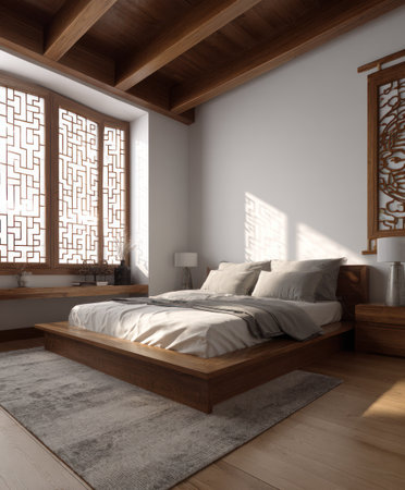 This image showcases a modern bedroom with a minimalist design. The room features a wooden bed frame, a patterned window, and a wooden ceiling structure. Soft light filters through the window, highlighting the textures of the textiles and surfaces. The scene could be used for architectural visualization or interior design publications.の素材