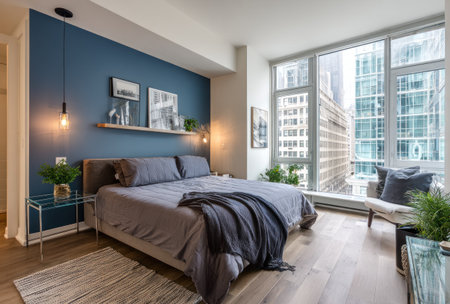 This image showcases a modern bedroom design, featuring a large window with a city view. The room incorporates a calming blue accent wall and natural wood flooring. The scene is illuminated by soft, natural light, suggesting a bright and inviting space suitable for various commercial uses.の素材