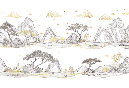 An elegant illustration depicts a serene landscape featuring mountains, trees, and clouds. The artwork employs a minimalist style with fine lines, and subtle hints of color. The composition suggests a sense of calm. Suitable for various design applications, including decorative elements and editorial content.の素材