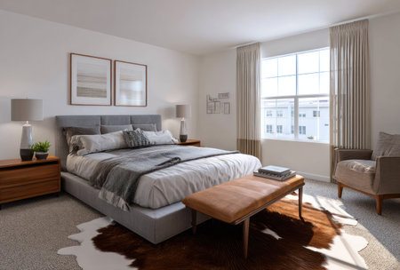 A well-lit bedroom featuring a large bed, bench, and window. The room exhibits neutral tones with a focus on natural light. Interior design showcases a blend of textures, with a rug, and upholstered furniture. Suitable for use in lifestyle or home decor projects.の素材