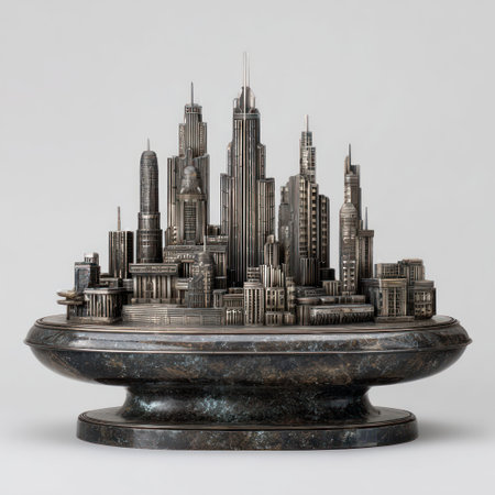 A detailed miniature of a city skyline is presented against a plain background. The sculpture features a metallic finish with varied textures and geometric shapes suggesting an urban environment. The composition utilizes overhead lighting. This image is suitable for various commercial purposes, including illustrations and conceptual design.の素材