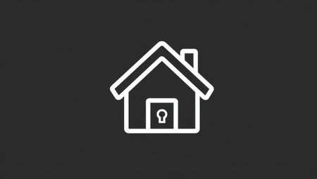 A simple white house icon is centered against a dark grey background. The illustration displays a minimalist style with clean lines. The composition suggests concepts of security, real estate, and home. This image may be suitable for various commercial and editorial applications.の素材