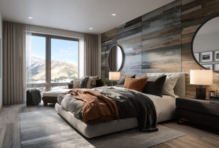 This interior rendering showcases a modern bedroom with a large bed as the central focus. The scene features a neutral color palette with warm accents, natural light from a large window, and decorative lighting. The composition suggests a comfortable and inviting atmosphere suitable for various commercial uses.の素材