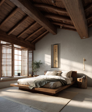 This interior scene showcases a minimalist bedroom featuring a wooden bed, accented by natural light streaming through a window. The room employs neutral tones, wooden textures, and soft textiles to create a serene ambiance. Suitable for illustrating home decor, lifestyle, or architectural projects, this image offers versatile applications.の素材