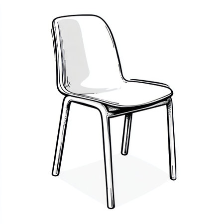 A simple black and white illustration depicts a modern chair. Clean lines and minimal shading define the object against a plain white backdrop. The design appears to be a vector graphic with a focus on simplicity. Suitable for use in design projects, presentations, and various commercial applications.の素材
