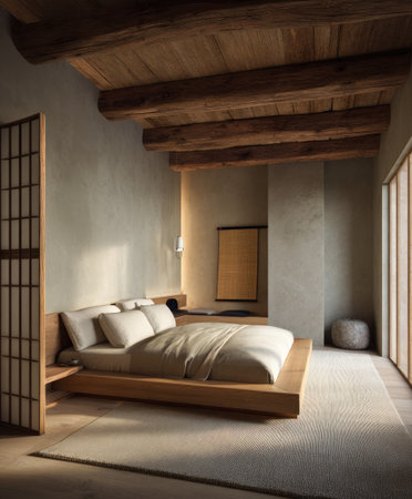 A serene bedroom interior showcases a low wooden bed frame and neutral-toned bedding. The space features wooden beams on the ceiling, a traditional wooden screen, and a large window. Soft lighting highlights the textures and creates a tranquil atmosphere. Suitable for use in design, architecture, or lifestyle publications.の素材