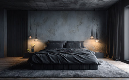 This interior photograph presents a contemporary bedroom setup. A bed with dark bedding is central, illuminated by hanging pendant lights. The composition features a textured gray wall, dark curtains, and a wooden floor. The overall style suggests a modern, minimalist aesthetic, suitable for various design and lifestyle publications.の素材