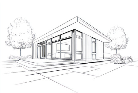 An architectural sketch presents a modern house design. The linear style emphasizes the building's structure, showcasing large windows and a flat roof. Trees and landscaping elements are included, rendered in a grayscale palette. The image has a clean, minimalist style suitable for design, construction, or real estate themes.の素材