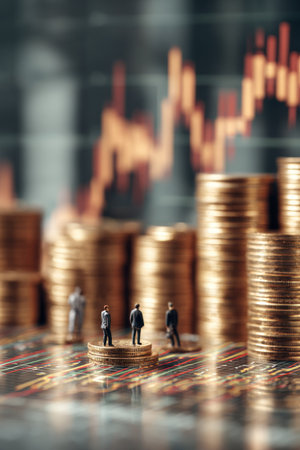 This image features miniature figures standing on stacks of coins, set against a blurred background of a financial chart. The composition utilizes a shallow depth of field, emphasizing the figures and coins. The lighting is soft, creating a sense of depth, with warm tones dominating. This photograph is potentially suitable for various commercial or editorial applications.の素材