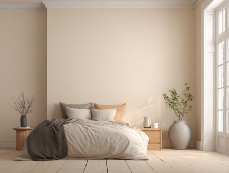 This image presents a modern bedroom interior, featuring a bed with neutral-toned bedding. The space is filled with warm, inviting colors, with wooden elements and decorative plants. The composition uses natural light. It could be used in design projects, advertising campaigns, or for articles related to home decor.の素材