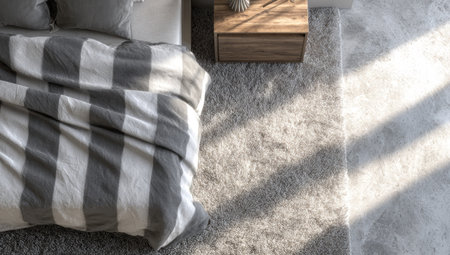 An overhead view reveals a bedroom scene with a bed featuring striped bedding, a wooden side table, and a plush rug. The composition utilizes natural lighting, emphasizing the textures of the textiles and surfaces. Suitable for illustrating home decor or lifestyle themes and can be used for various commercial purposes.の素材