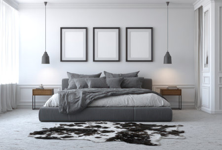A contemporary bedroom scene showcases a bed with pillows and bedding, framed artwork, and hanging light fixtures. The room features a cowhide rug over a light-colored carpet, and bedside tables. The composition uses neutral colors and lighting. Suitable for use in interior design publications and commercial projects.の素材