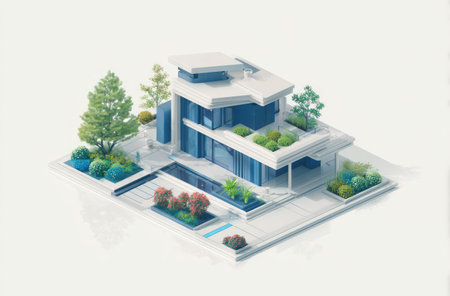 This image features a contemporary architectural rendering showcasing a two-story structure. The building incorporates green roofs and landscaped areas, with a minimalist design using white and blue color palettes. The composition uses an overhead perspective against a solid background. This is suitable for editorial or commercial projects.の素材