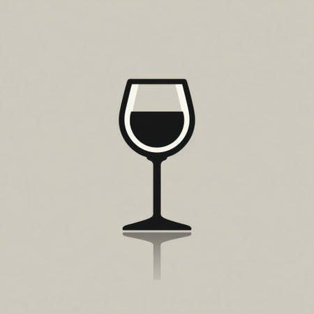 A minimalist illustration presents a wine glass filled with a dark liquid, set against a neutral, solid background. The image features clean lines and a simple design. The composition includes a subtle reflection below the glass. Suitable for a variety of commercial and editorial uses, it conveys elegance and sophistication.の素材