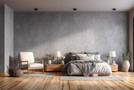 A well-lit bedroom showcases a bed with pillows and blankets. An armchair and side tables with lamps complete the space. The room is characterized by wooden flooring and a textured wall. Daylight streams in, highlighting the elements, ideal for architectural and lifestyle projects.の素材
