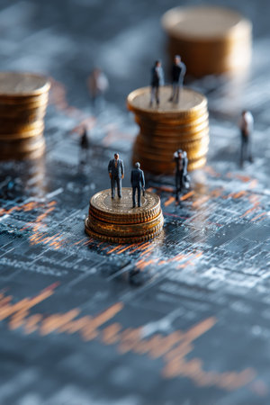 The image showcases miniature figures atop stacks of coins, suggesting financial concepts. Metallic coins and miniature human figures create the visual narrative. The composition utilizes a shallow depth of field, focusing on details. The lighting appears soft, hinting at a studio setting. This imagery can be used for financial articles, presentations, or advertising.の素材