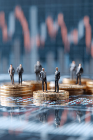 Miniature business people stand atop stacks of coins against a blurred backdrop featuring financial market graphs and charts. The composition has shallow depth of field, emphasizing the figures and coins. The color palette is composed of gold, blue, and black. This image may be suitable for illustrating concepts of finance, economy, or investment.の素材