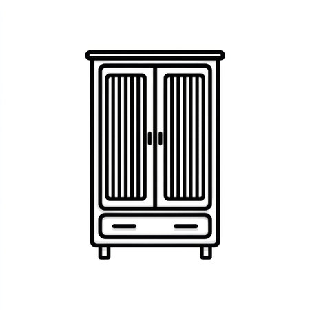 A simple black and white line drawing depicts a wooden wardrobe or cabinet. The illustration features a symmetrical composition with vertical lines, two doors, and a drawer. This vector-style artwork is suitable for various design projects, including educational materials, home decor visuals, and website graphics.の素材