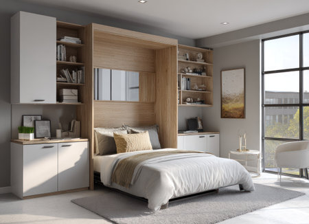 This interior scene showcases a contemporary bedroom design featuring a wall bed system. The room displays neutral color tones, with light wood and white cabinetry. The composition offers a view of storage, a bed, and some decor near a window with sunlight. Suitable for interior design, home decor, or lifestyle articles.の素材