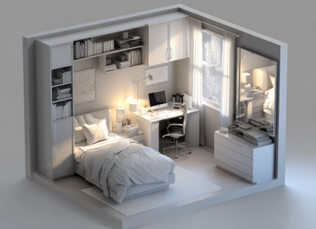 A minimalist bedroom interior is shown with a bed, desk, and storage. The scene is illuminated by natural light through a window. The monochromatic color scheme highlights the clean lines and modern design. This type of image could be used for architectural visualization or lifestyle content.の素材
