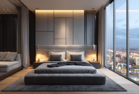 This image showcases a modern bedroom with a large bed and a panoramic view of a city at night. The room features neutral colors, contemporary furnishings, and ample natural light from expansive windows. The interior design suggests a luxurious and comfortable living space, potentially suitable for architectural visualizations or lifestyle content.の素材