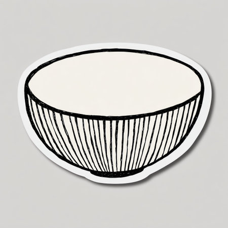 This black and white illustration features a bowl, filled with a light content. The bowl has a simple striped pattern and rounded edges. Suitable for food related or design projects, the image has a clean, minimalist style. It conveys simplicity and a sense of calm, appropriate for various commercial applications.の素材