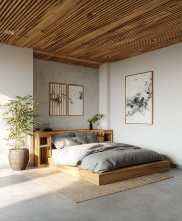 A modern bedroom interior is showcased, dominated by a wooden bed frame, complemented by a wooden ceiling. The room features neutral tones and soft textures, including bedding and artwork. The composition suggests a serene atmosphere, potentially suitable for commercial or residential design projects.の素材